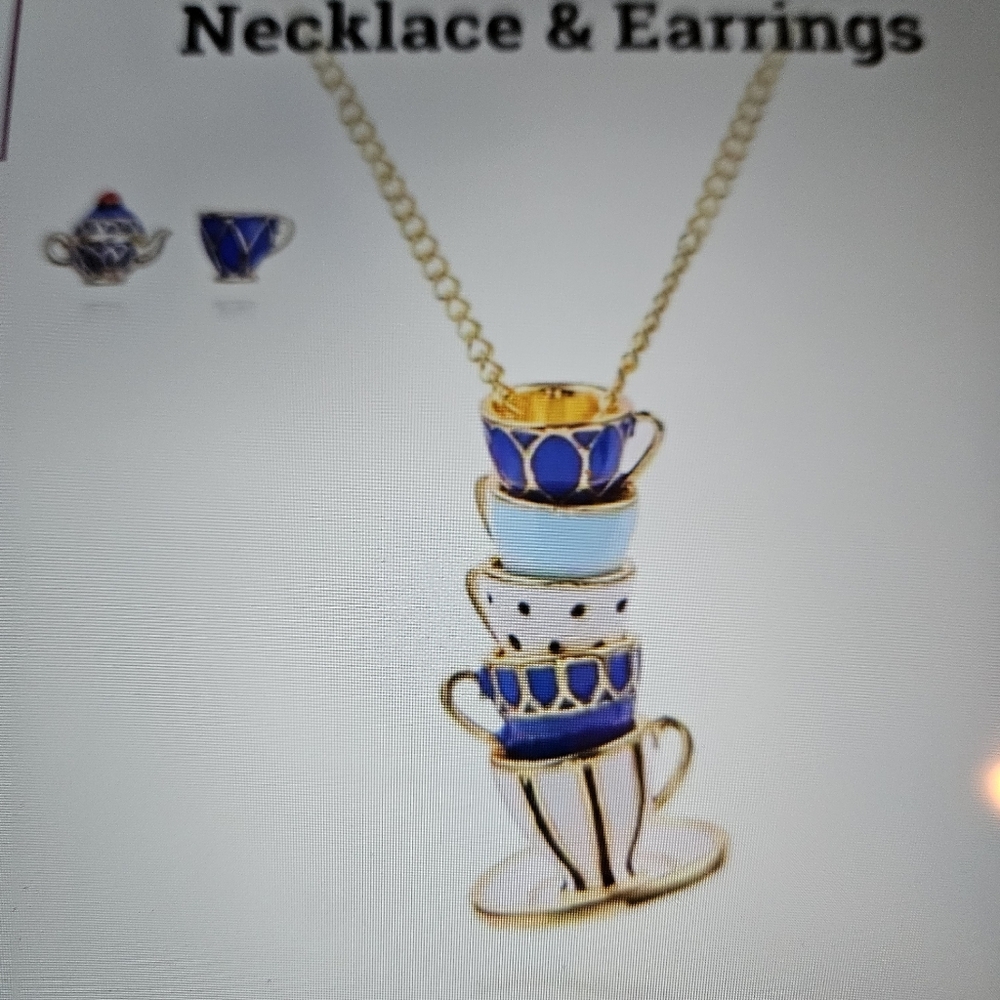 Gold and Blue Teacup Necklace and Earrings Set